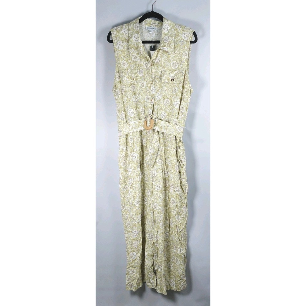 As U Wish Floral Jumpsuit Romper Womens XL Green Capri Button Up Belted New